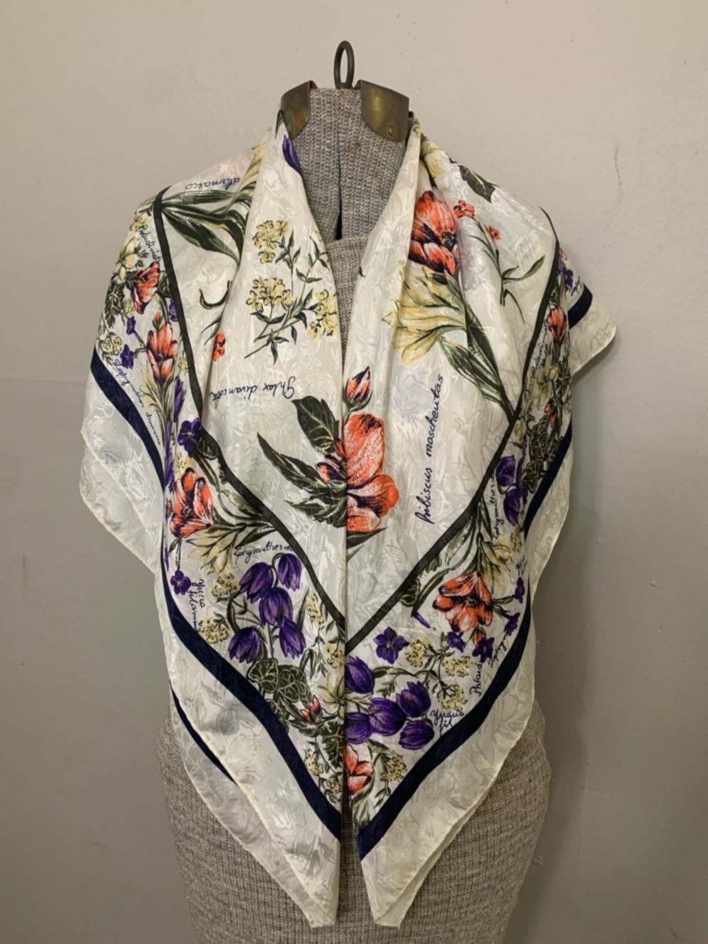 Floral Silk-Look Square Scarf in White with Purple & Orange Blooms